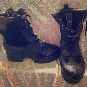Leather Black Snakeskin Combat Boots